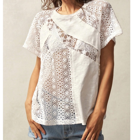 Boho white Star Patch Eyelet Short Sleeve Top - Picture 5 of 6